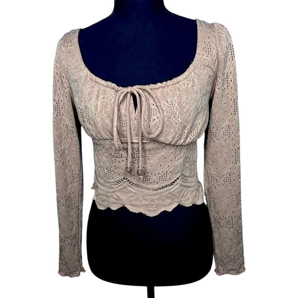Kirious Tops - Womens Tan Milkmaid Long Sleeve Crop Top Sz S Cottagecore Peasant Ren Faire Boho
